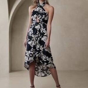 NWT Banana Republic Factory Halter Maxi Dress Faux Wrap Black Cream Floral 12 P